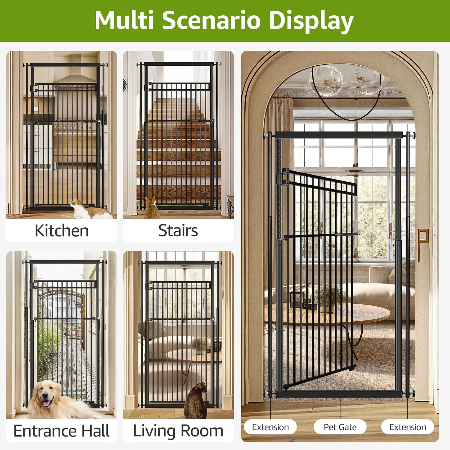 78.8' Extra Tall Cat Gate, 28.3-33' Wide Safety Metal Cat Door, Pressure Mounted Easy Walk Through Pet Gate with Door for Stairs, Doorways (Black)