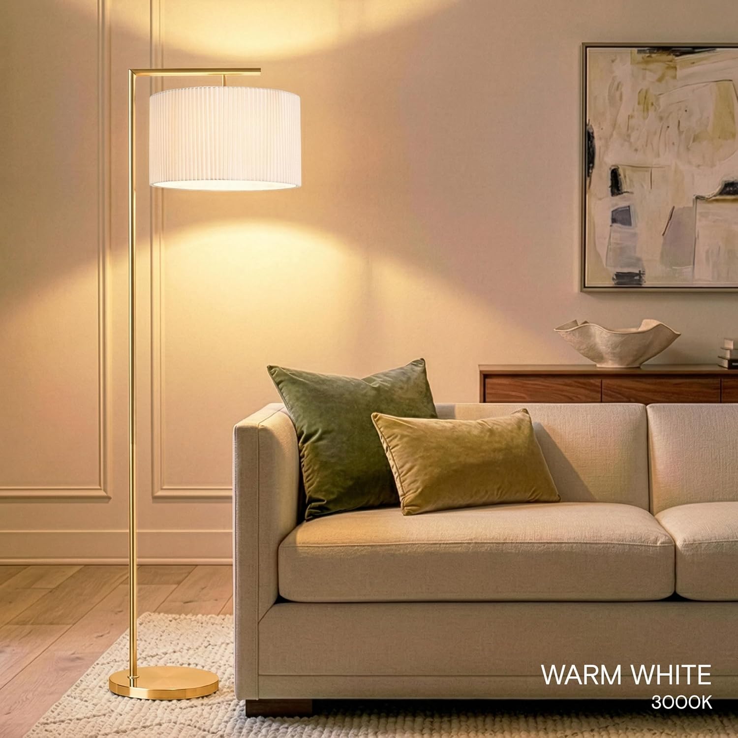 Brightech Montage Modern Floor Lamp - LED Standing Lamp with Tan Shade for Living Rooms & Offices - Bedroom Reading Light - Tall Corner Pole Lamp for Contemporary Home Decor - Antique Brass