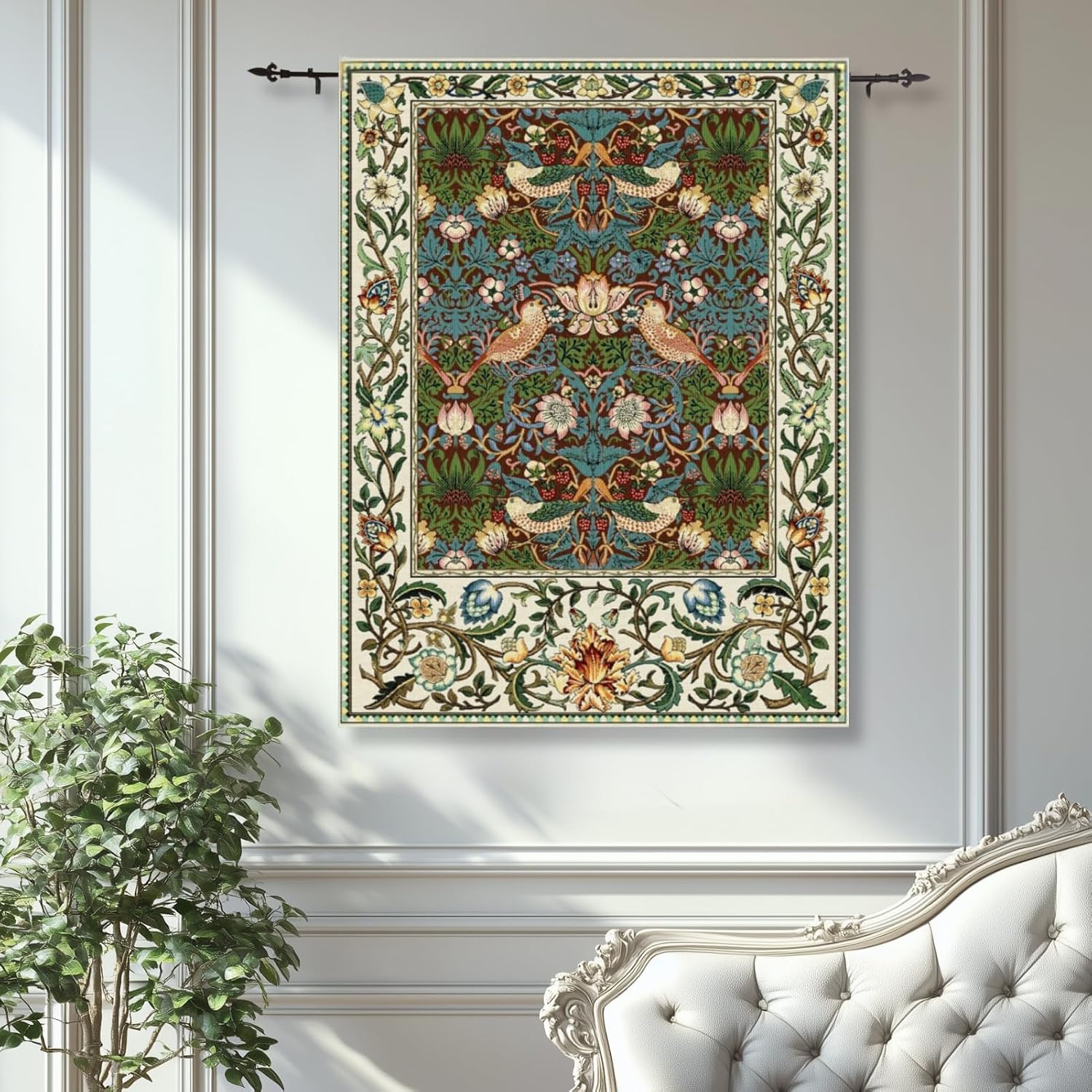 ORIMONY William Morris Strawberry Thief Tapestry - Vintage Floral Bird Art, Medieval Jacquard Woven Tapestry Wall Hanging for Living Room & Bedroom Size 27'x35' (Brown)