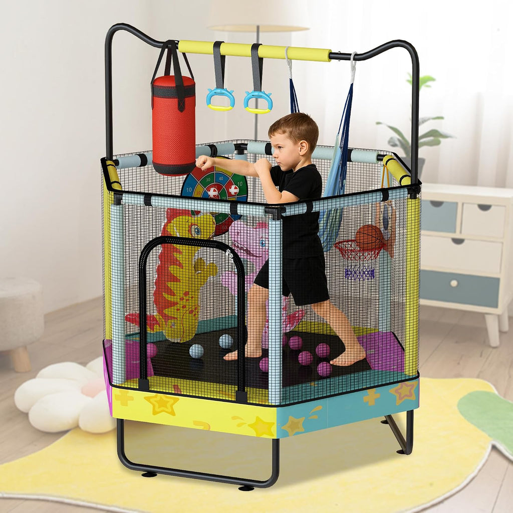 Lamerge Kids Trampoline, Indoor Trampoline Approved by ASTM, Safety Enclosure Net and Adjustable Handrail, 1-8 Children, 500lbs Capacity, 7-in-1, 60'