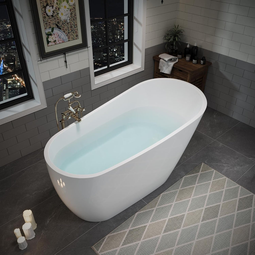 55' Acrylic Soaking Tub with Pop-up Drain & Integrated Overflow, Freestanding Bathtub with Double-Wall Insulation, Stand Alone Tub, Ergonomic, Easy Install (55')