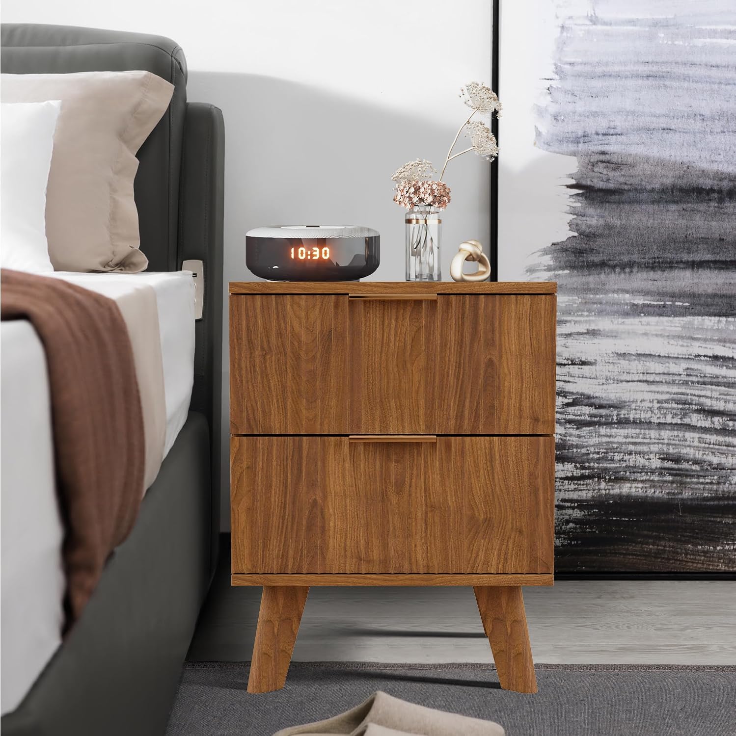 Nightstands Set of 2 with Drawers, Modern Large Striped Bed Side Table with 2 Drawers, Mid Century Modern Night Stand Set for Bedroom, Bedside End Table with Storage and Solid Wood Legs (Walnut)