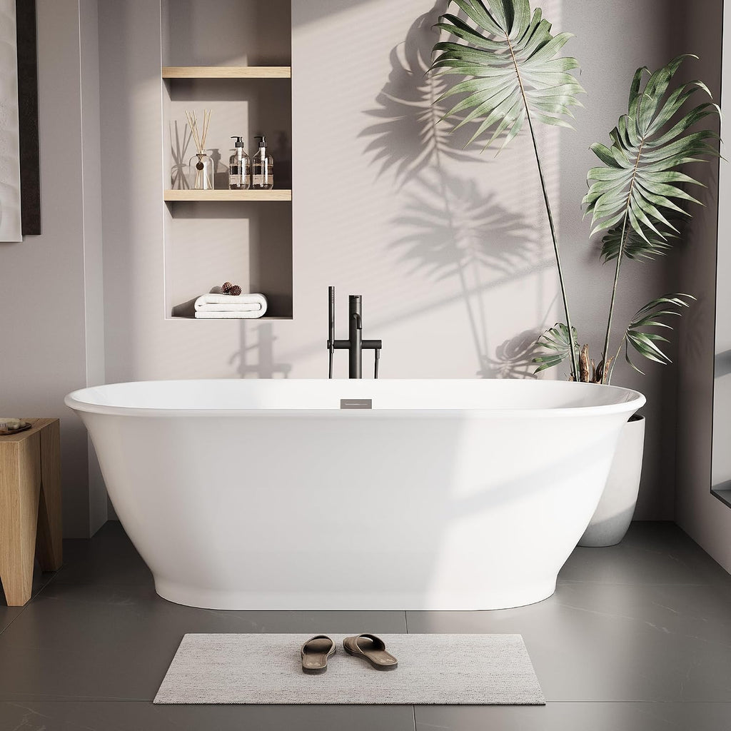 59 Inch Free Standing Tub, Modern Luxury Oval Soaking Tub, Acrylic Stand Alone Bathtub with Chrome Drain, White Finish for Contemporary Bathrooms