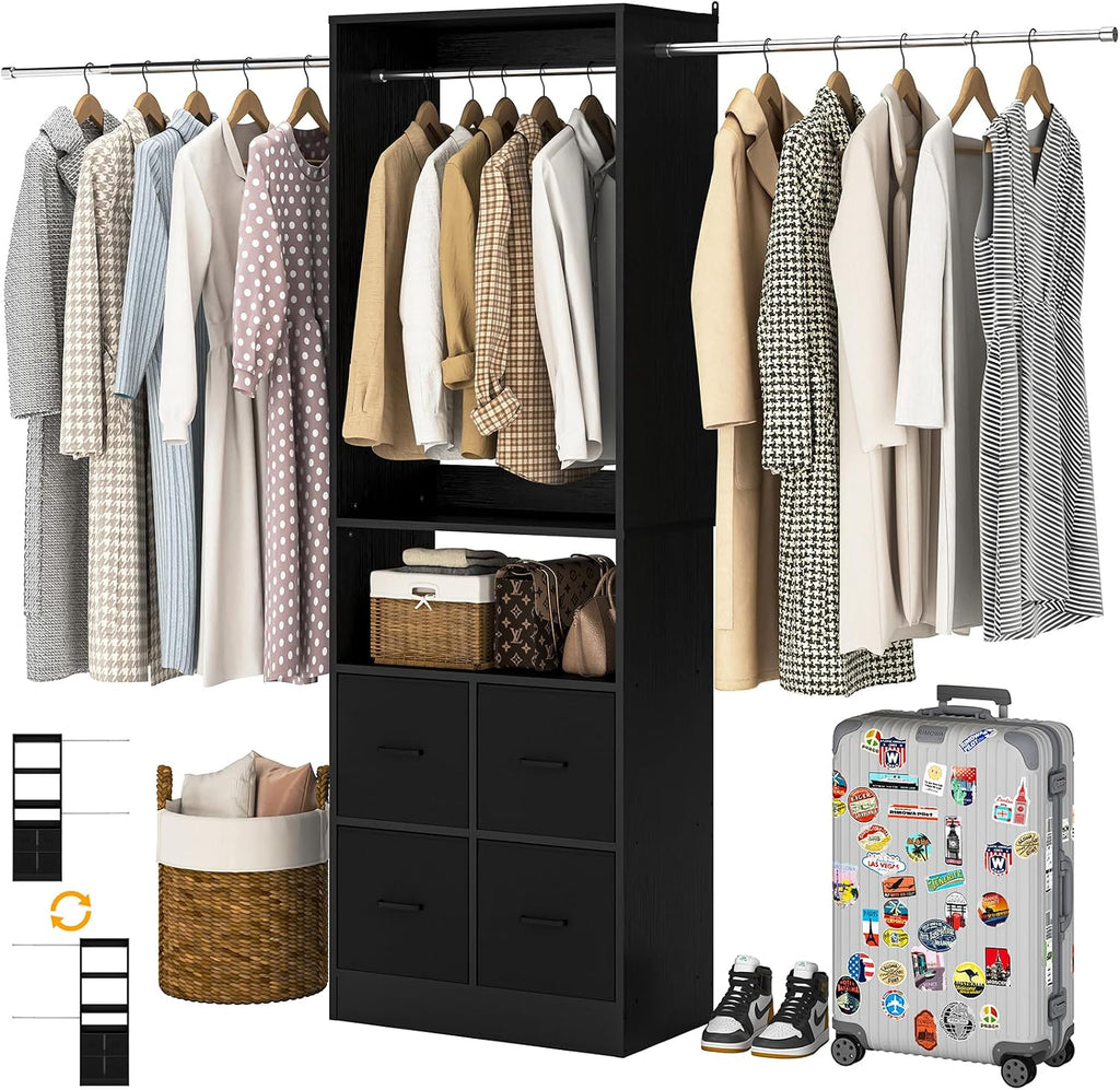 8FT Closet System, 96 Inch Closet Organizer System with 4 Fabric drawers, Heavy Duty Clothing Rack with Hanging Rods, Walk In Mounted Closet System, Built-In Clothes Garment Rack, Black