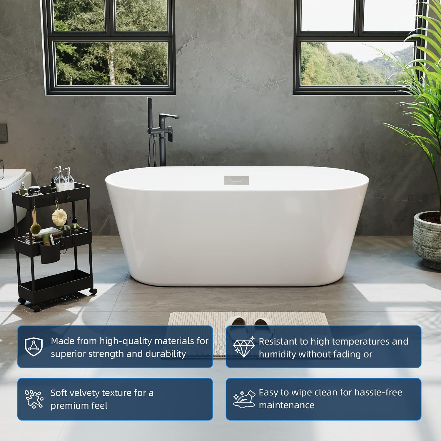 59 Inch Freestanding Bathtub, Acrylic Soaking Bathtub with Chrome Drain and Overflow, Standalone Ergonomic Tub for Bathroom Relaxation, Deep Design for Family and Guest Use