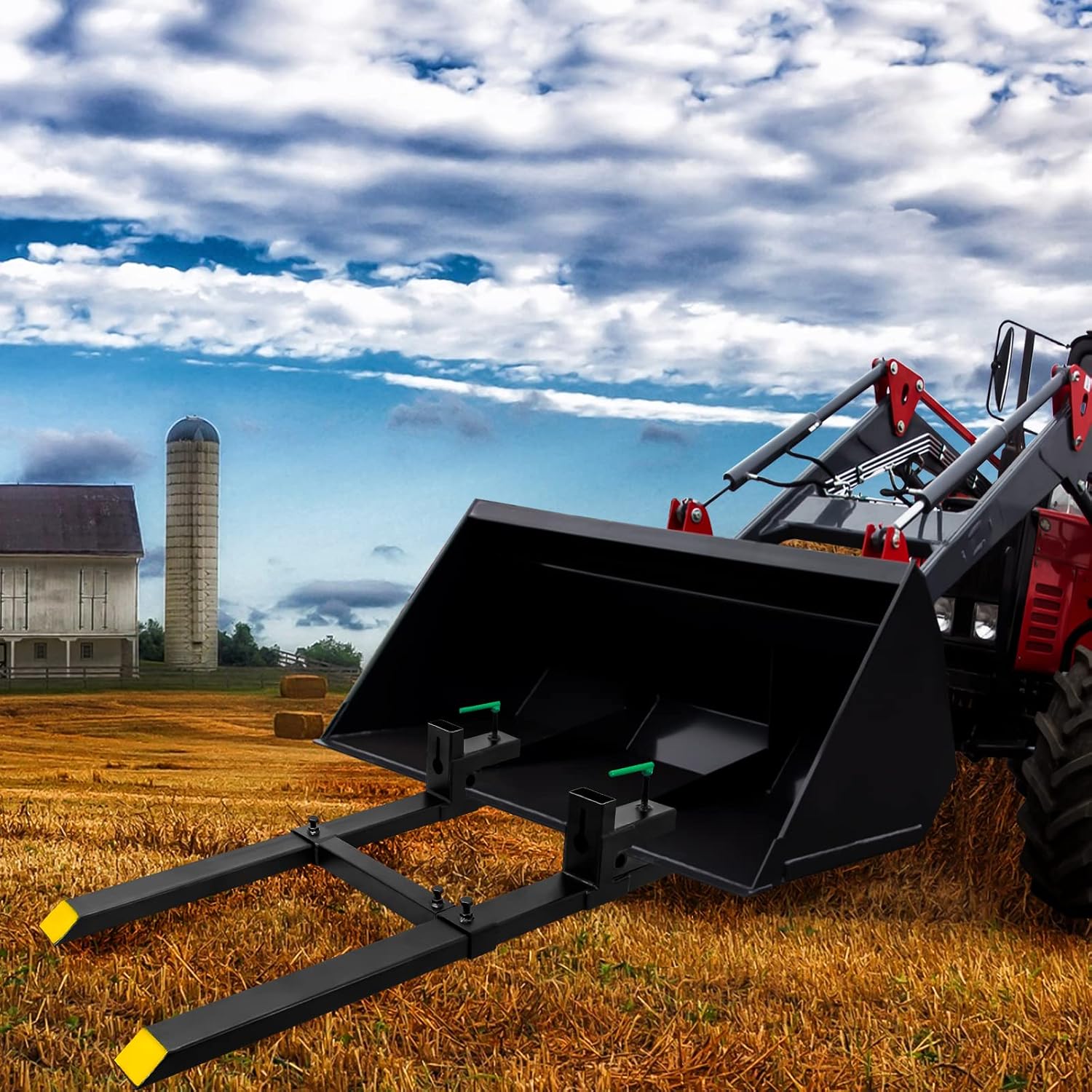 Clamp on Pallet Forks with Adjustable Stabilizer Bar 60' 1500lbs Max, Heavy Duty Pallet Forks Clamp On for Tractor Bucket