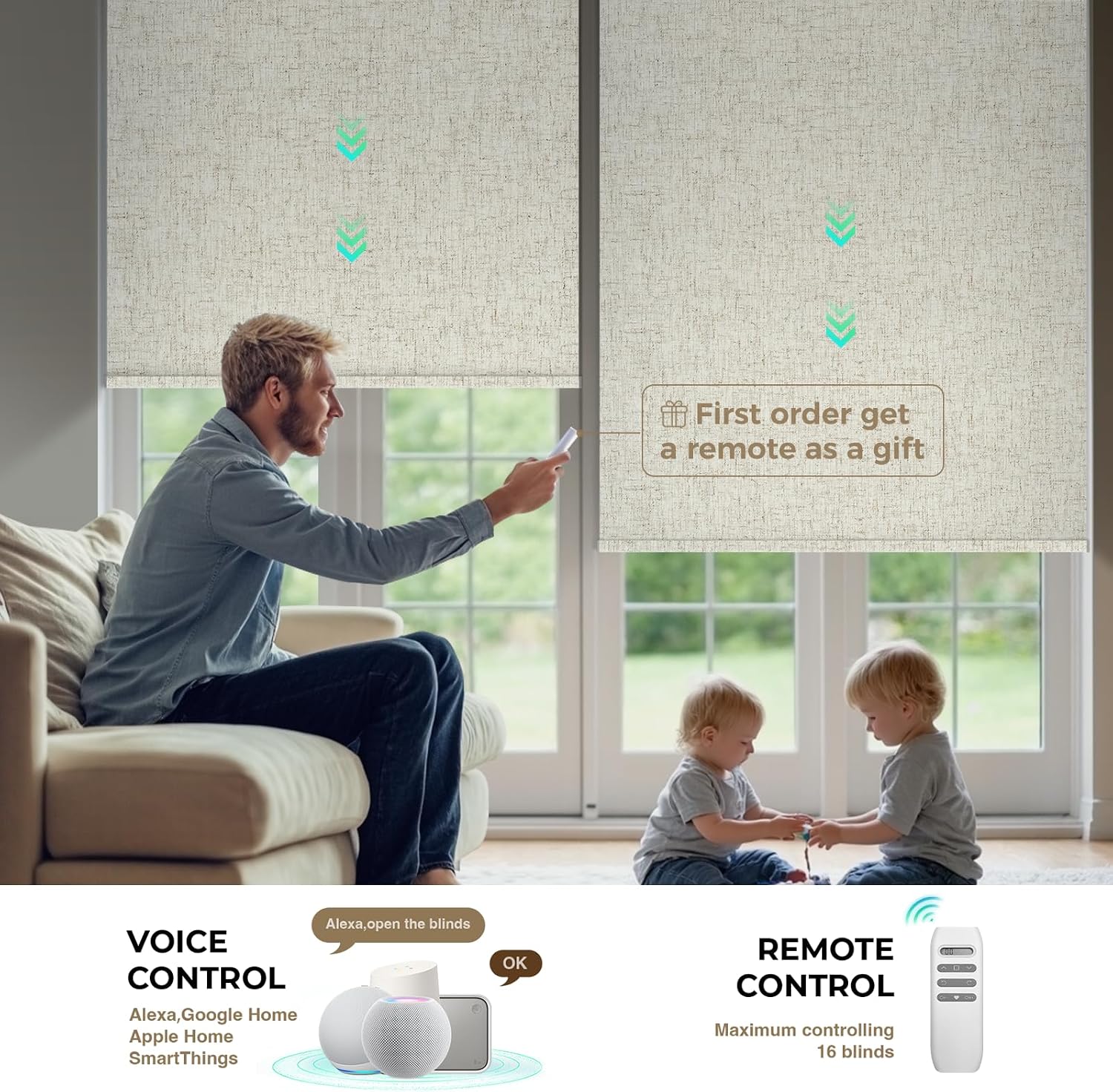 HeyBlinds Motorized Blinds with Remote, 100% Blackout Smart Blinds, Automatic Shades for Windows Compatible with Alexa Google and Homekit, Custom Size(Nature-Oatmeal BO)