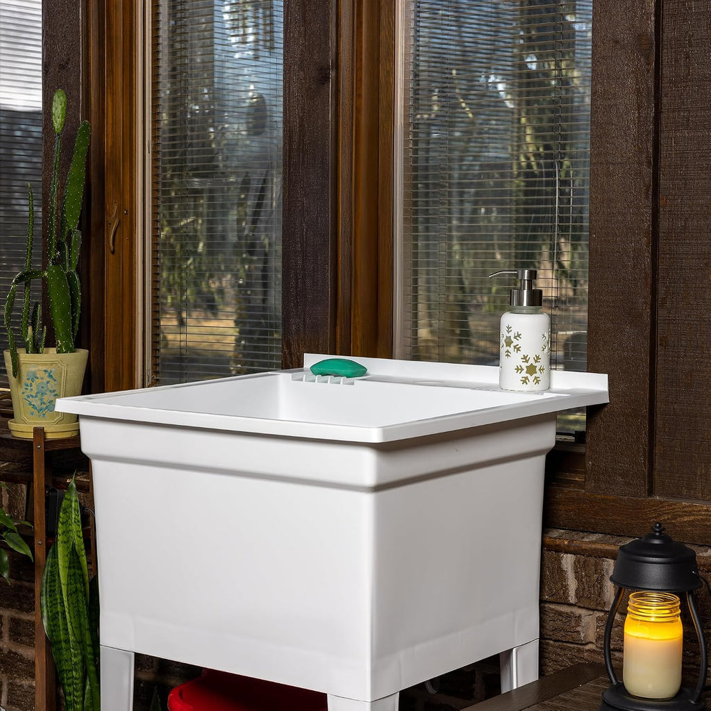 Utility Sink Heavy Duty Freestanding Utility Tub Sink with Drain Plug, Adjustable Floor Levelers & 5 Step Installation Process, 24 x 24 Inches, White