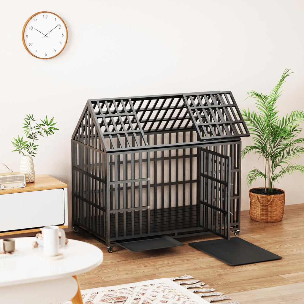 Extra Large Dog Crate Cage, 55'' Heavy Duty Galvanized Iron Dogs Cage Kennels Crates Furniture with Front Door, Top Door and 4 Lockable Wheels for Patio, Home, Backyard