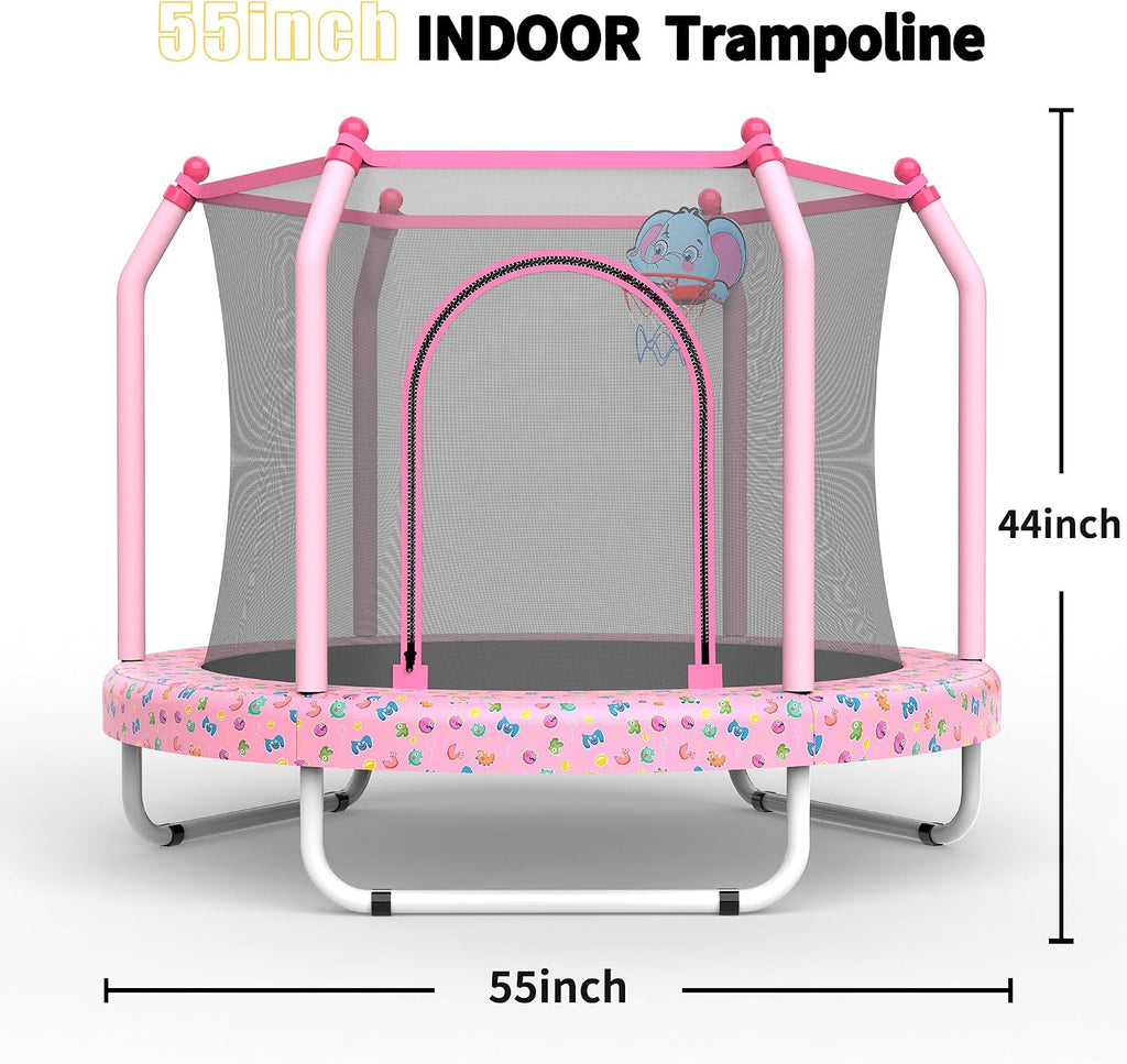 Mersco 55' Toddler Trampoline for Kids 2-5, 110lbs Indoor & Outdoor Mini Trampoline with Net, Basketball Hoop, for Boys & Girls