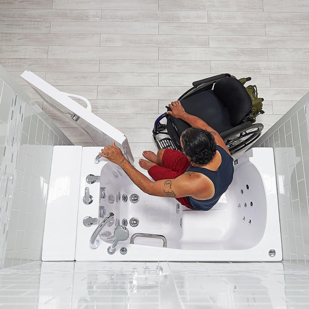 Ella Wheelchair Transfer 30'x52' Acrylic Hydro Massage Walk-In Bathtub with Right Outward Swing Door, 5 Piece Fast Fill Faucet, 2' Dual Drain