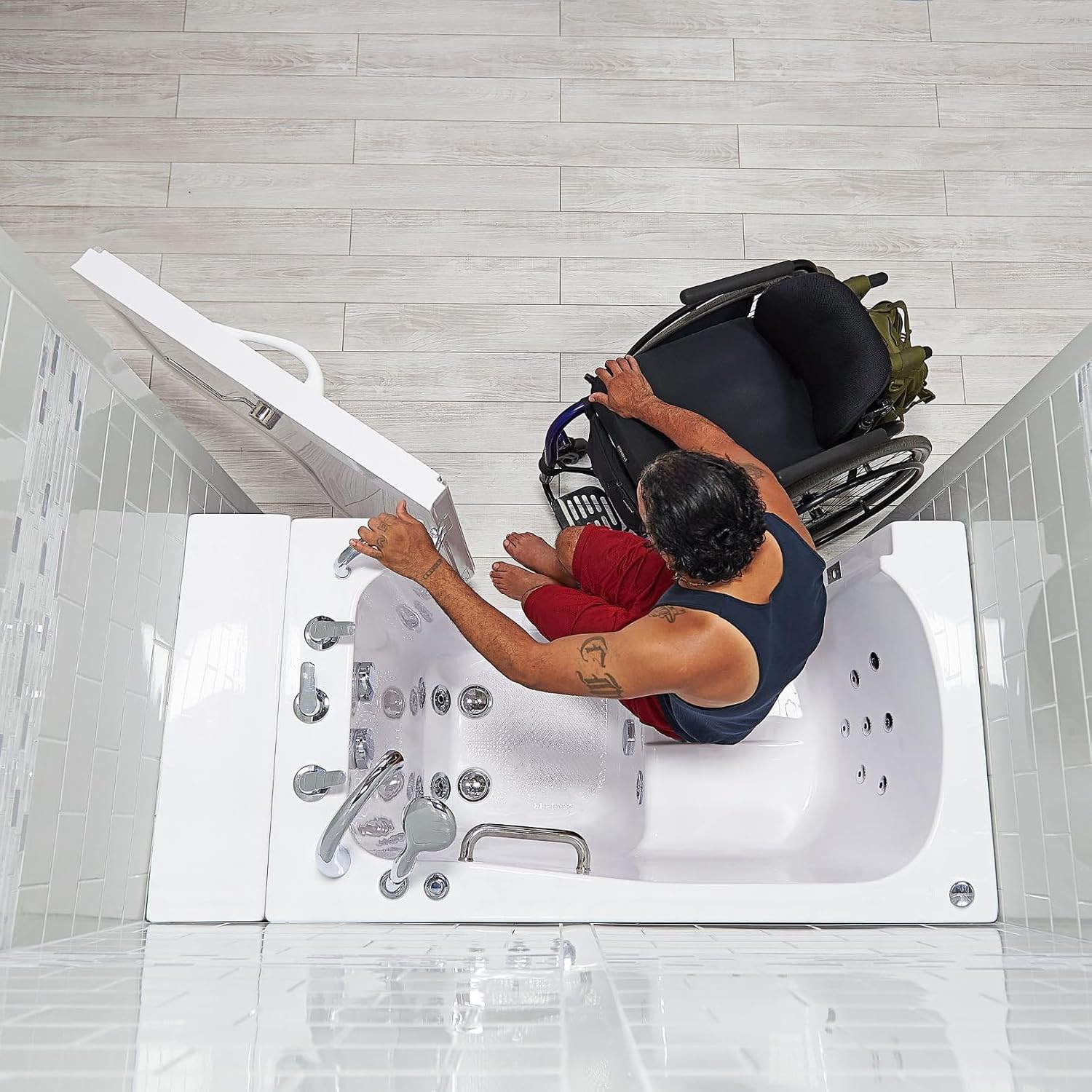 Ella Wheelchair Transfer 30'x52' Acrylic Hydro Massage Walk-In Bathtub with Right Outward Swing Door, 5 Piece Fast Fill Faucet, 2' Dual Drain