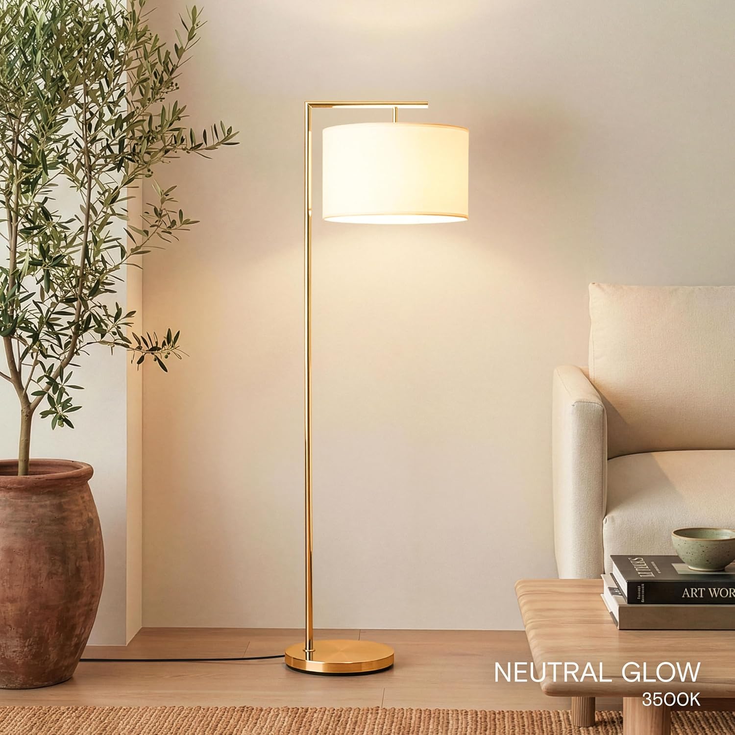 Brightech Montage Modern Floor Lamp - LED Standing Lamp with Tan Shade for Living Rooms & Offices - Bedroom Reading Light - Tall Corner Pole Lamp for Contemporary Home Decor - Antique Brass