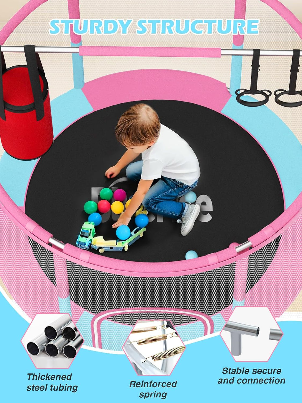 BLUERISE 60' Trampoline for Kids 5FT Toddler Trampolines Indoor/Outdoor with Adjustable Gymnastics Bar & Safety Net, No-Gap Design, Anti-Rollover Bottom, Basketball Hoop, Gifts for Boys & Girls