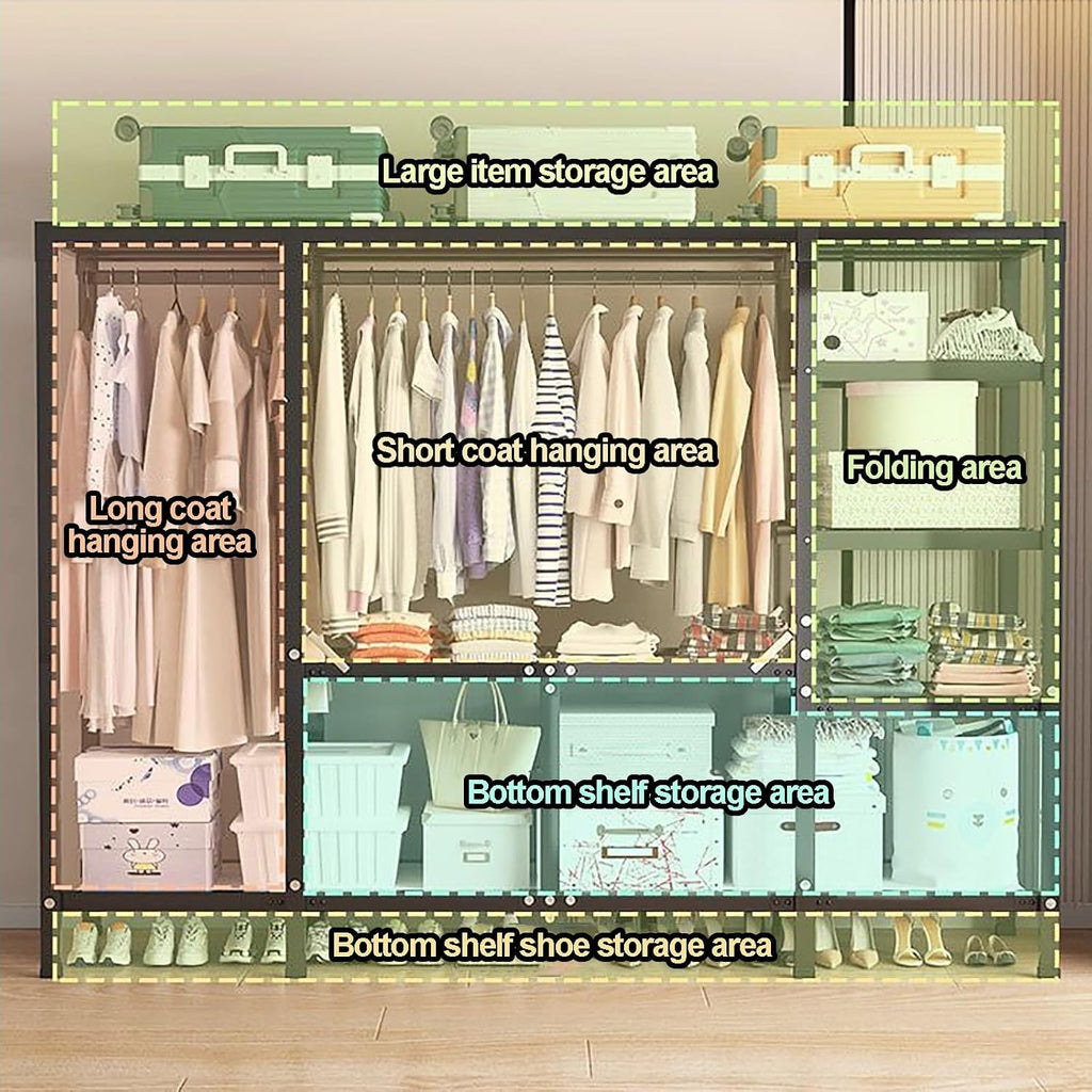 Foldable Portable Wardrobe Closet With Cover, Metal Clothes Rack, Covered Garment Rack For Hanging Clothes, Clothing Coat Storage Organizer(Grey,200cm/78.7inch)
