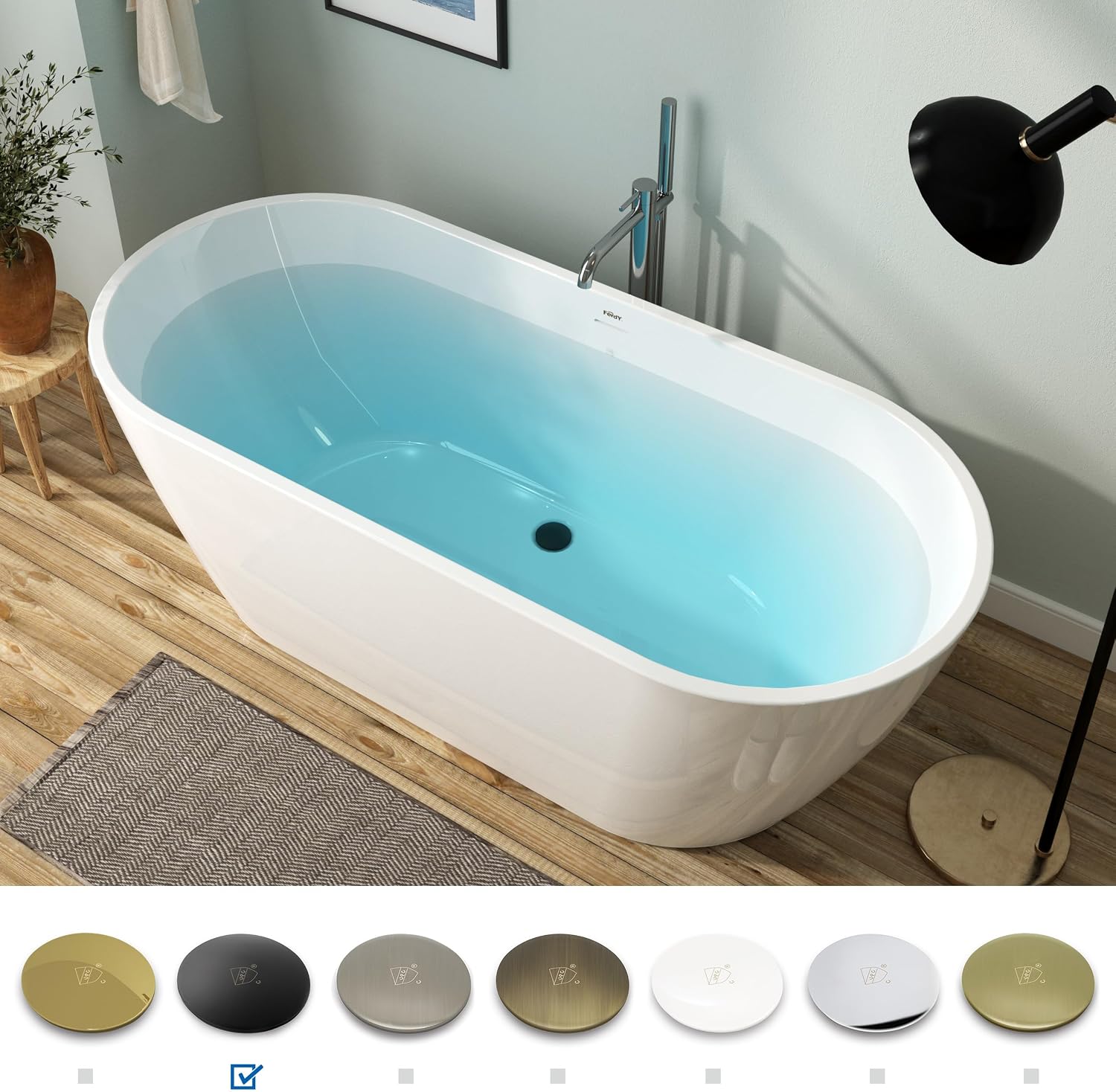 FerdY 67' Acrylic Freestanding Bathtub, Contemporary Soaking tub with Matte Black Drain & Overflow, Elegant Oval Shape, cUPC Certified, Bali