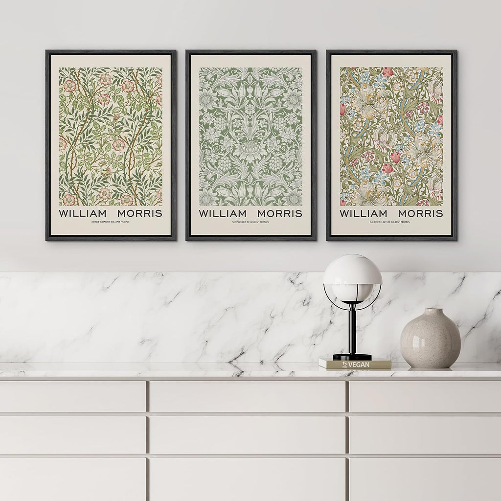 wall26 Framed Canvas Print Wall Art Set William Morris Flower Pattern Tapestries Nature Floral Illustrations Fine Art Decorative Botanical Rustic for Living Room, Bedroom, Office - 16'x24'x3 Black