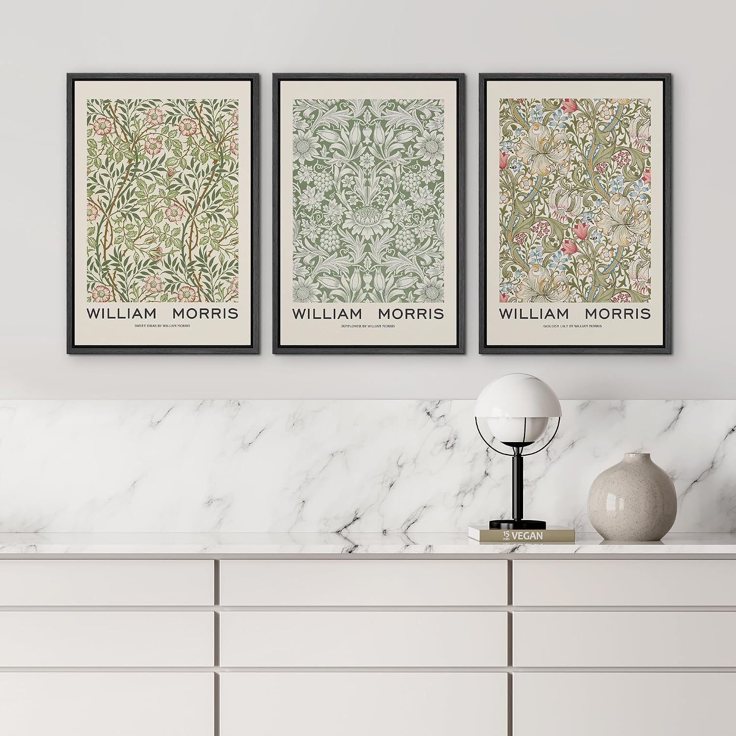 wall26 Framed Canvas Print Wall Art Set William Morris Flower Pattern Tapestries Nature Floral Illustrations Fine Art Decorative Botanical Rustic for Living Room, Bedroom, Office - 16'x24'x3 Black