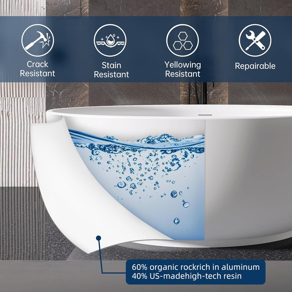 59'' Stone Resin Solid Surface Freestanding Bathtub,Round Bathtub，Modern Elegant Design Soaking Stand Alone Tub, Matte White, Drain and Overflow Included 005-1500