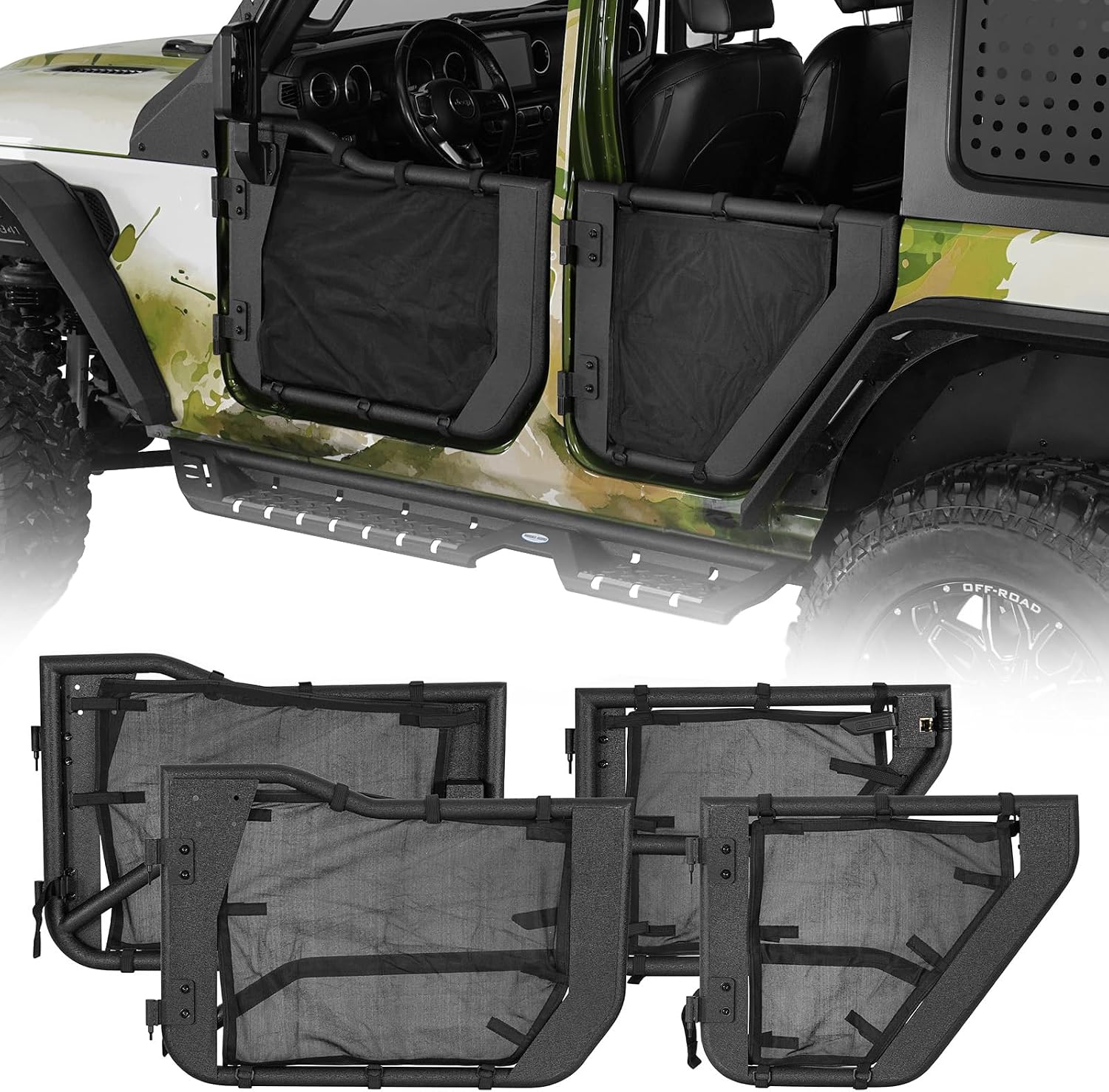 Hooke Road Tube Half Doors for 2018-2026 Jeep Wrangler JL 4-Door & Gladiator JT, with Privacy Mesh, Summer Open-Air Trail Doors, Reduced Dust & Added Cabin Privacy - 4PCS