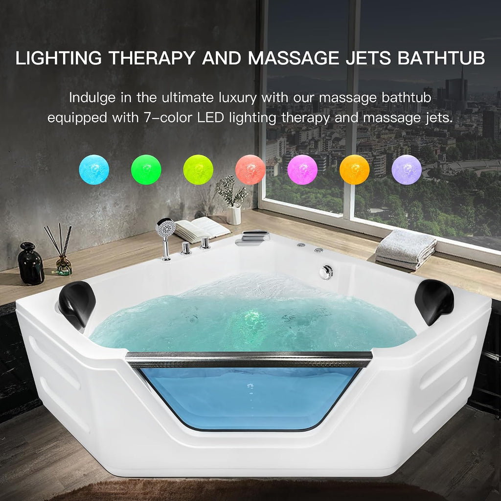 Corner Bathtub - 59'Jetted Soaking Bathtub for 2 Person with 7 Color Lights - Home Spa Bath tub with 6 Jets Hydro Massage Acrylic Soaking Tub with Double Pillow Chromatherapy - ETL Certified