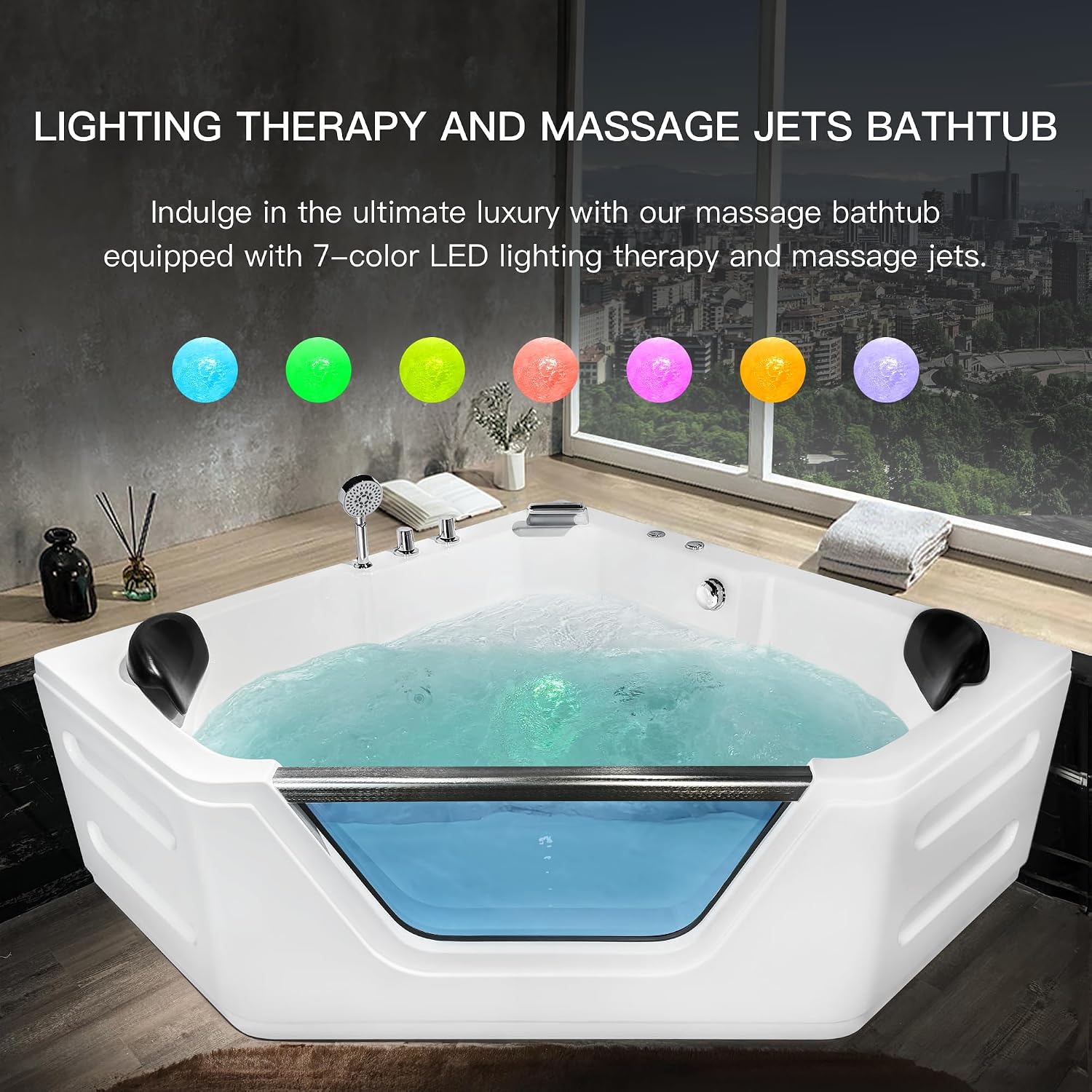 Corner Bathtub - 59'Jetted Soaking Bathtub for 2 Person with 7 Color Lights - Home Spa Bath tub with 6 Jets Hydro Massage Acrylic Soaking Tub with Double Pillow Chromatherapy - ETL Certified