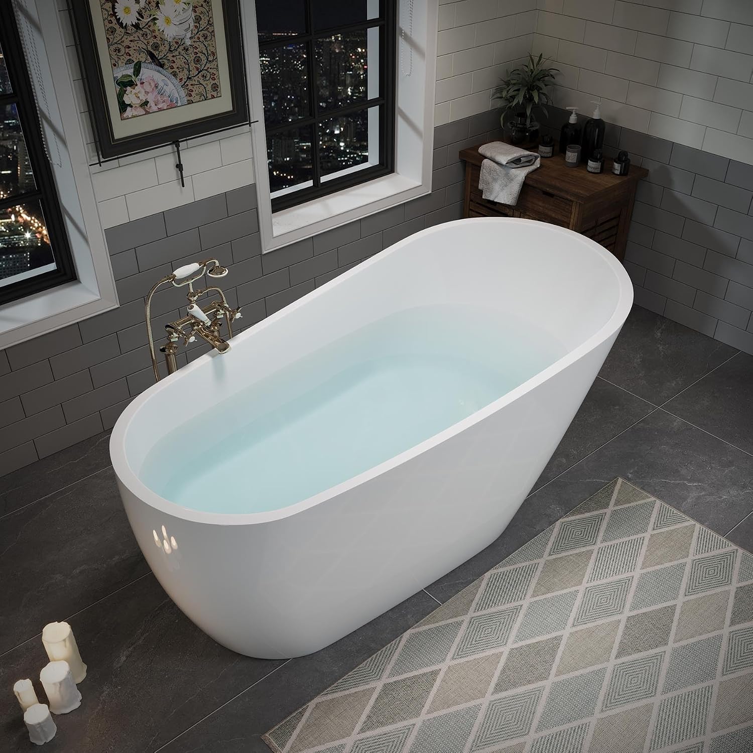 Acrylic Soaking Tub with Pop-up Drain & Integrated Overflow, Freestanding Bathtub with Double-Wall Insulation, Stand Alone Tub, Ergonomic, Easy Install (59')