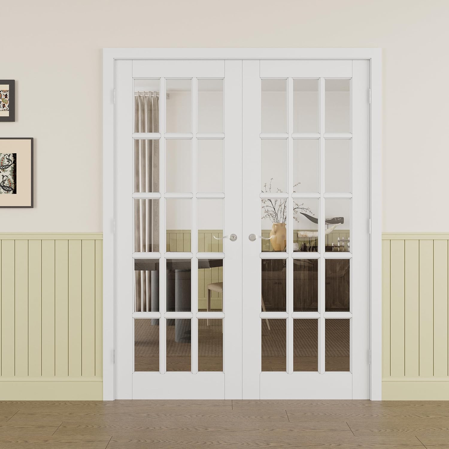 Prehung French Door 64' x 80' (2x32 in), 15-Lite Tempered Clear Glass Door Slabs with Jamb, Silver Hinges, 4 Levers & Latch, Solid Core Interior Door, Pre-Finished & Paintable,Double Doors Interior
