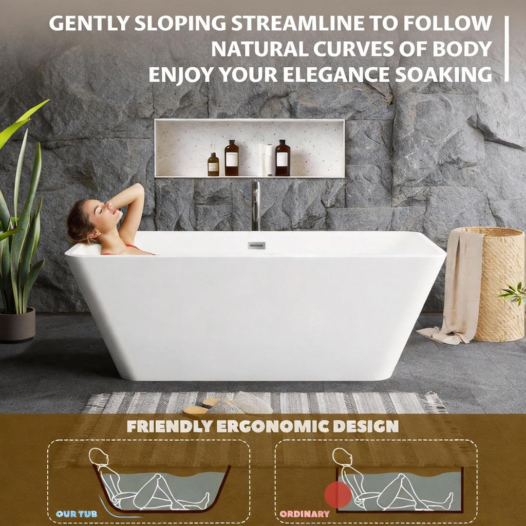 59' Freestanding Acrylic Soaking Tub,Large Freestanding Bathtub with Non-Slip Surface, Overflow and Drain Included, Freestanding Bathtub with Chrome Drain, Deep Stand-Alone Tub for Relaxing Home Spa