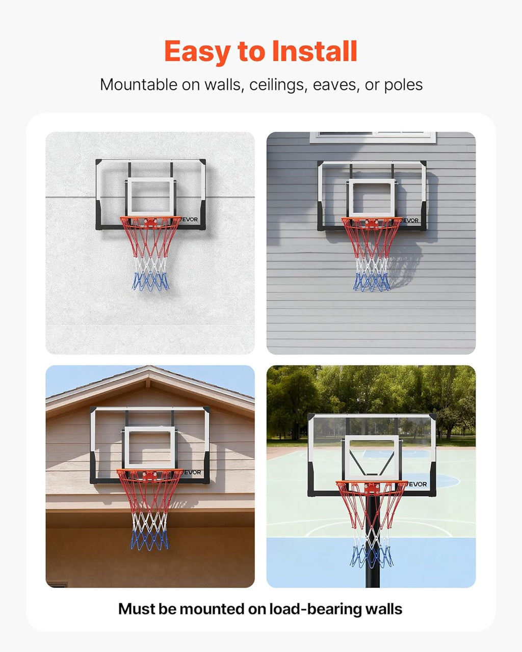 VEVOR Basketball Hoop, 44 54 Inchs PC Backboard Wall Mounted, Basketball Portable Hoop & Goal, Indoor & Outdoor with Hand-Crank Adjustment, Classic Basketball Court, Teens, Adults, Schools, Parks