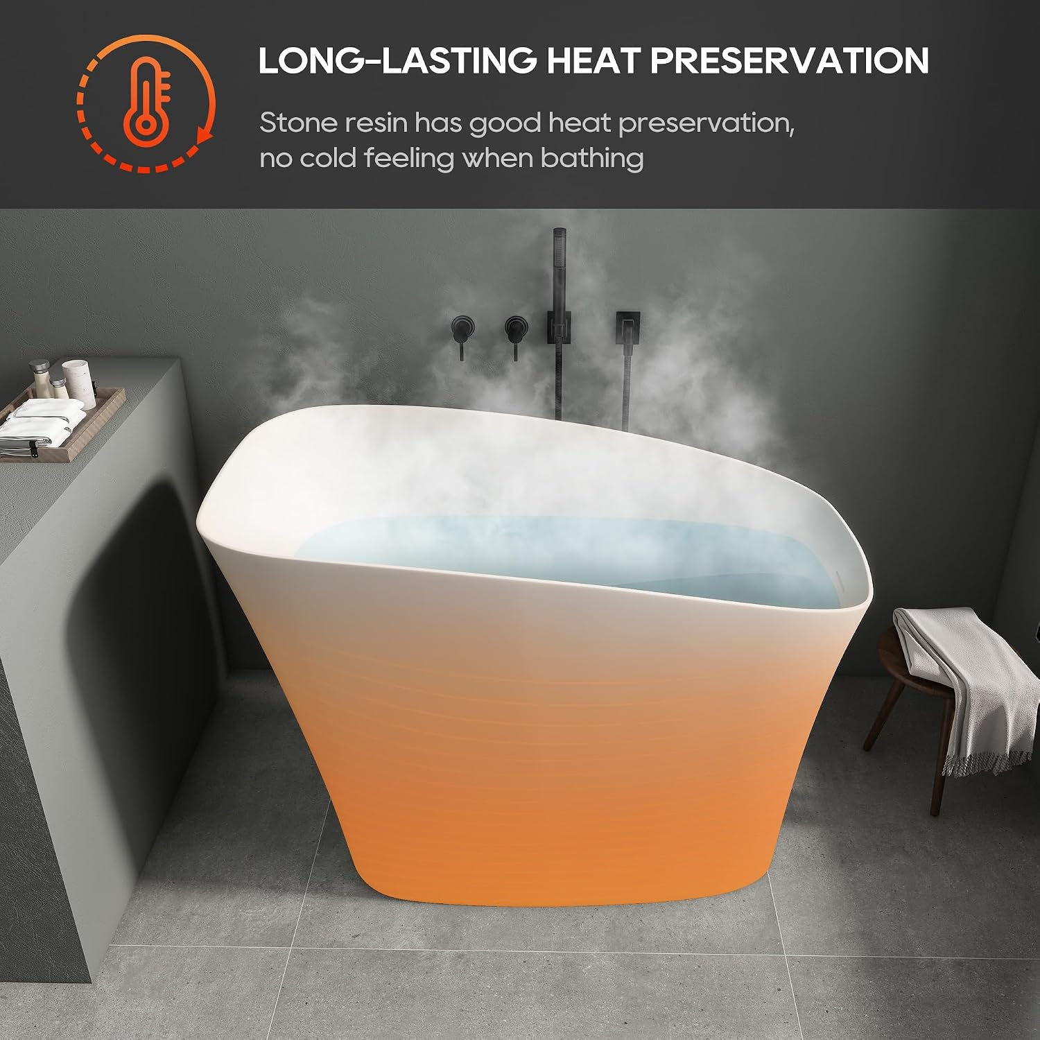 SJ Star&Jane 51' Solid Surface Japanese Soaking Bathtub Stone Resin Freestanding Tub Deep Soaking Bathtub Sit-In Design with Overflow and Drain