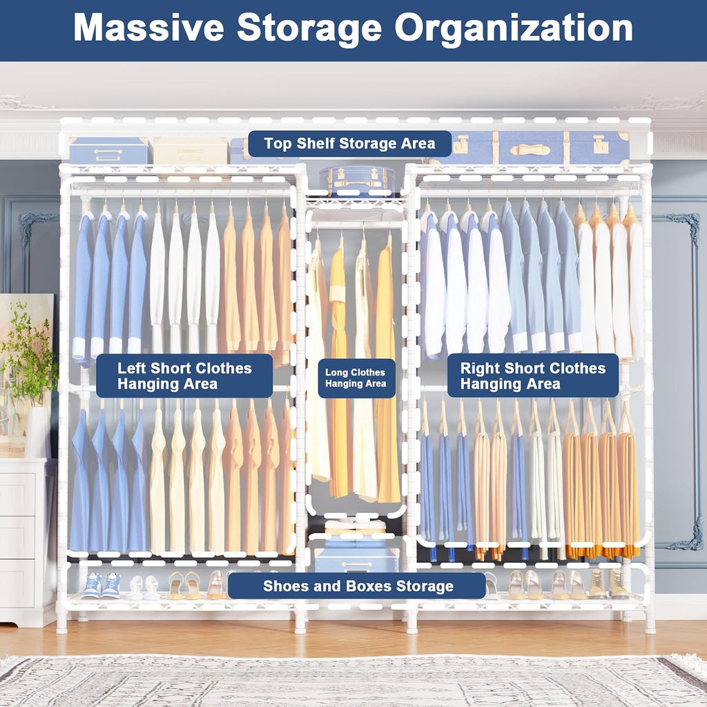 Ulif E12C and E13C (White Clothing Rack with White Dustproof Cover) Heavy Duty Closet Organizer System, Freestanding Clothing Racks for Hanging Clothes，Adjustable Garment Rack