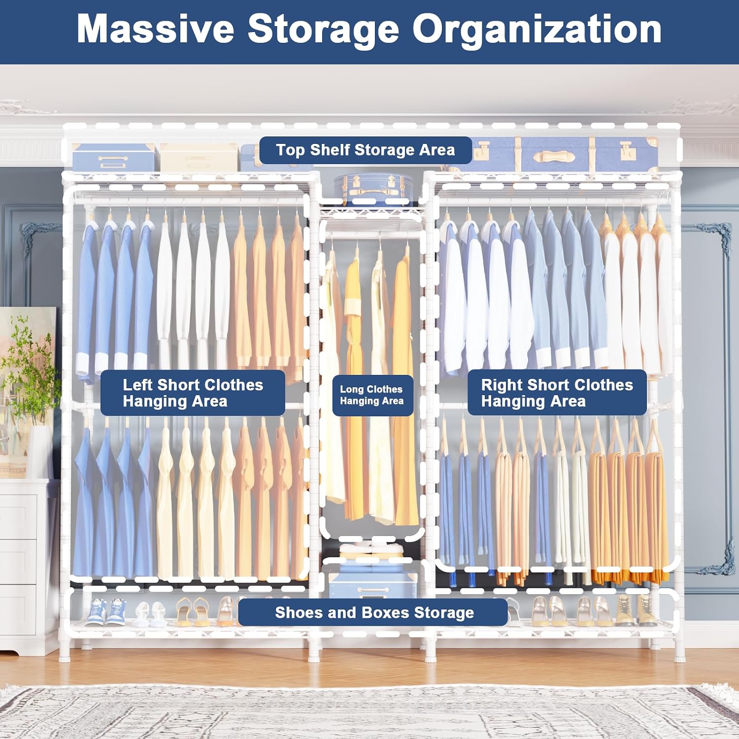 Ulif E12 E12C (With White Dustproof Cover) Heavy Duty Closet Organizer System，Freestanding Clothing Racks for Hanging Clothes，Adjustable Garment Rack