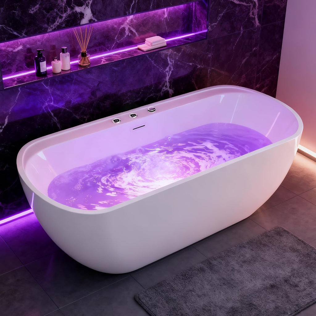 67' Freestanding Whirlpool Bathtub, Jetted Tub with 6 Hydro Massage Jets & 8 bubble bath jets, Chromatherapy Color-Changing LED Light & Pneumatic adjust system, Air Bath Soaking, Acrylic, UL Certified