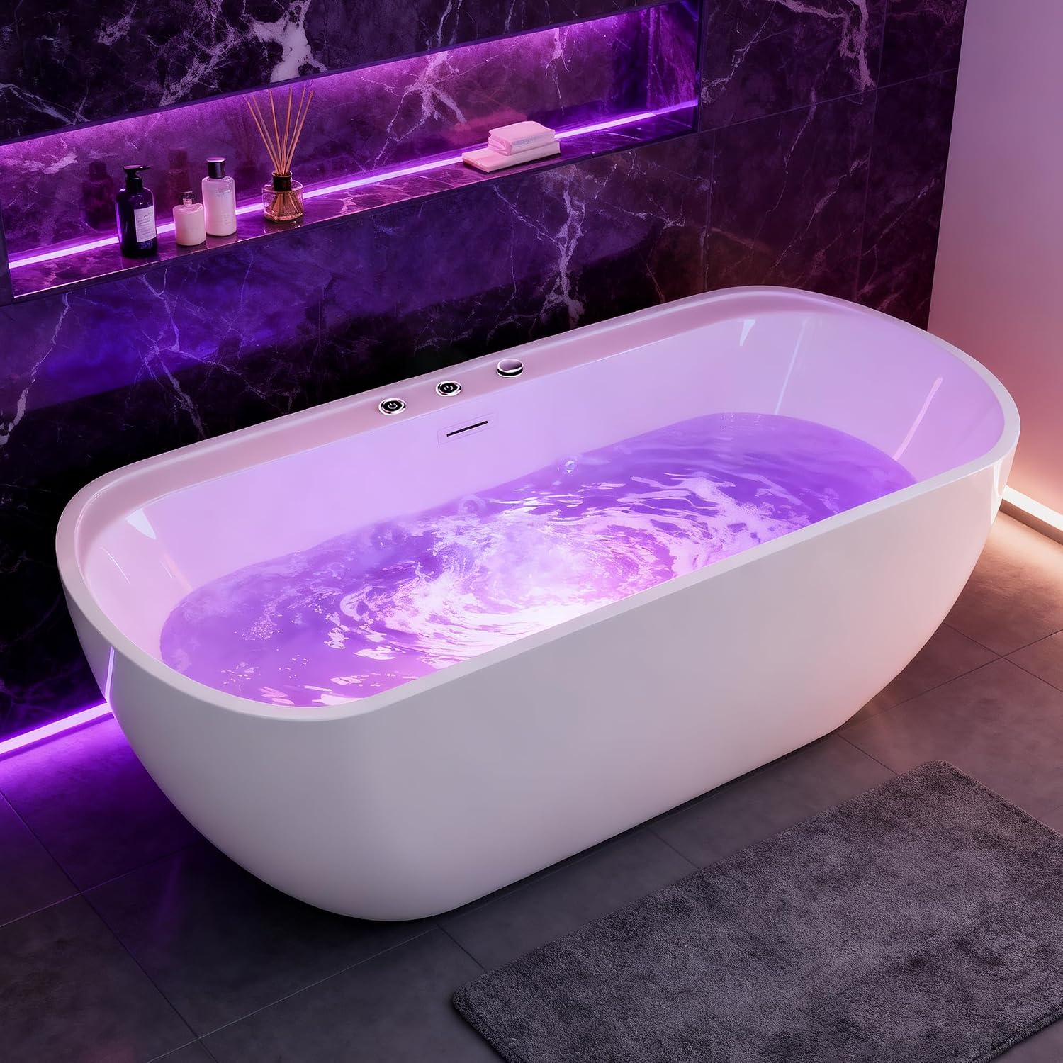 67' Freestanding Whirlpool Bathtub, Jetted Tub with 6 Hydro Massage Jets & 8 bubble bath jets, Chromatherapy Color-Changing LED Light & Pneumatic adjust system, Air Bath Soaking, Acrylic, UL Certified