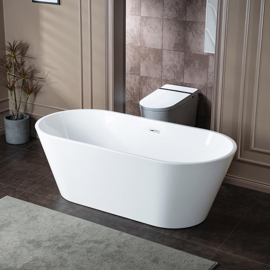 WOODBRIDGE 67' Acrylic Freestanding Bathtub Contemporary Soaking White Tub with Chrome Overflow and Drain