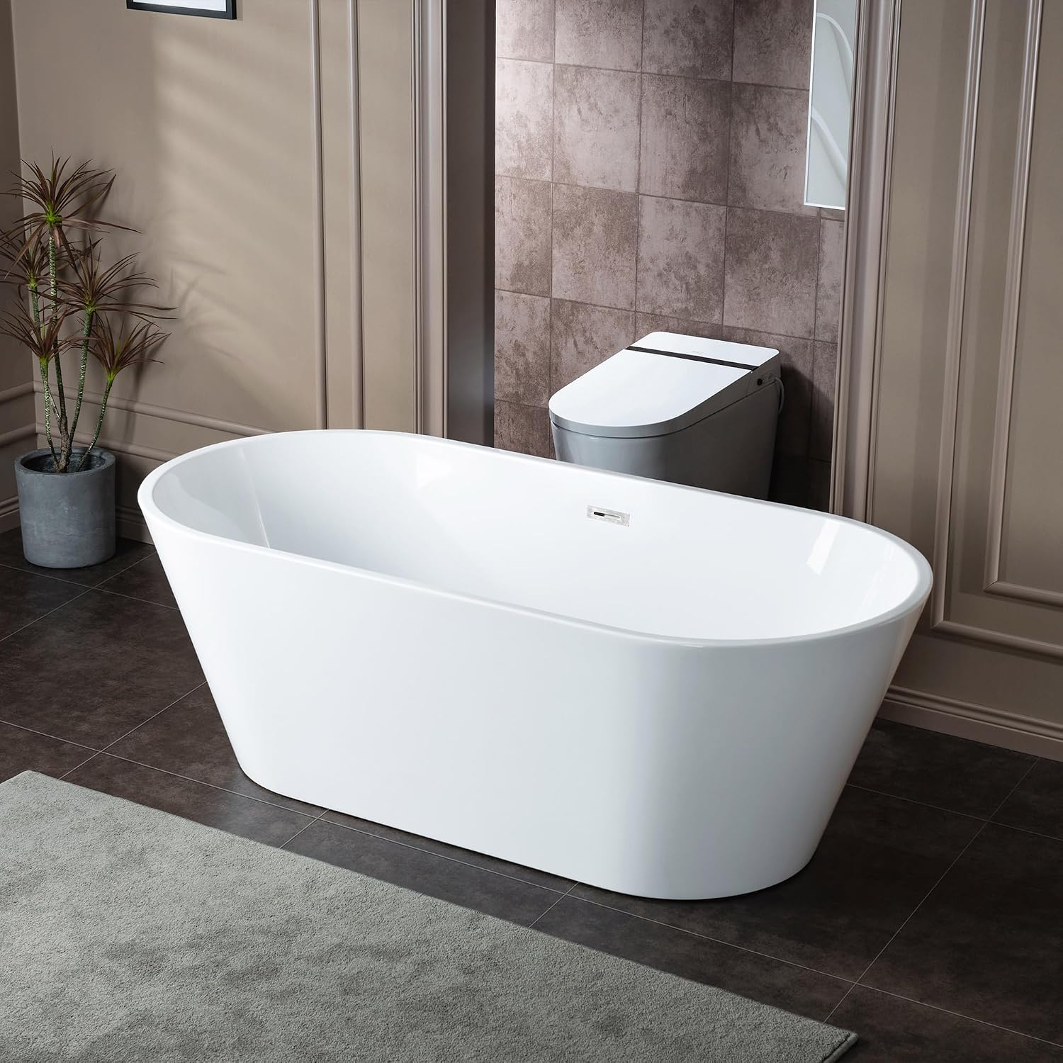 WOODBRIDGE 67' Acrylic Freestanding Bathtub Contemporary Soaking White Tub with Chrome Overflow and Drain