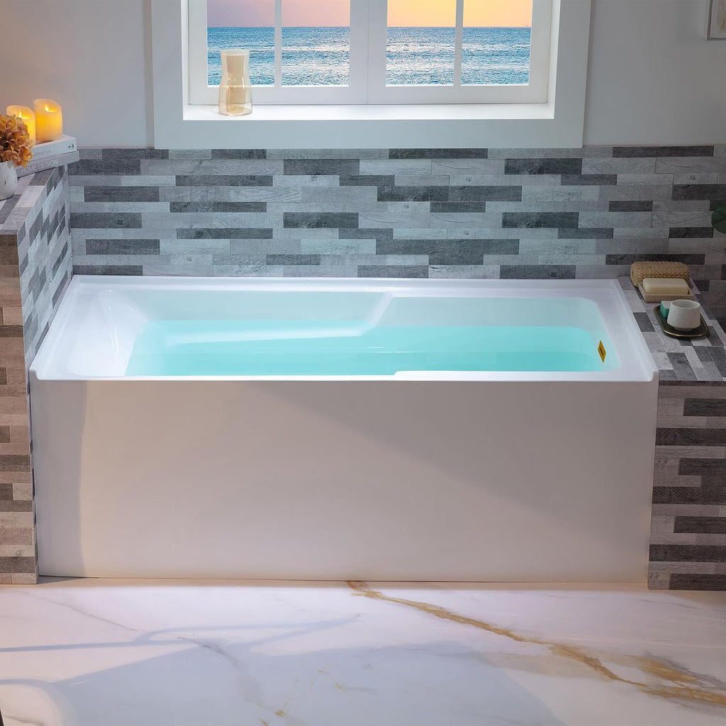 WOODBRIDGE 60' Acrylic Rectangular Alcove Soaking Bathtub in White with Right Drain, Brushed Gold Pop-Up Drain Included BA6030R