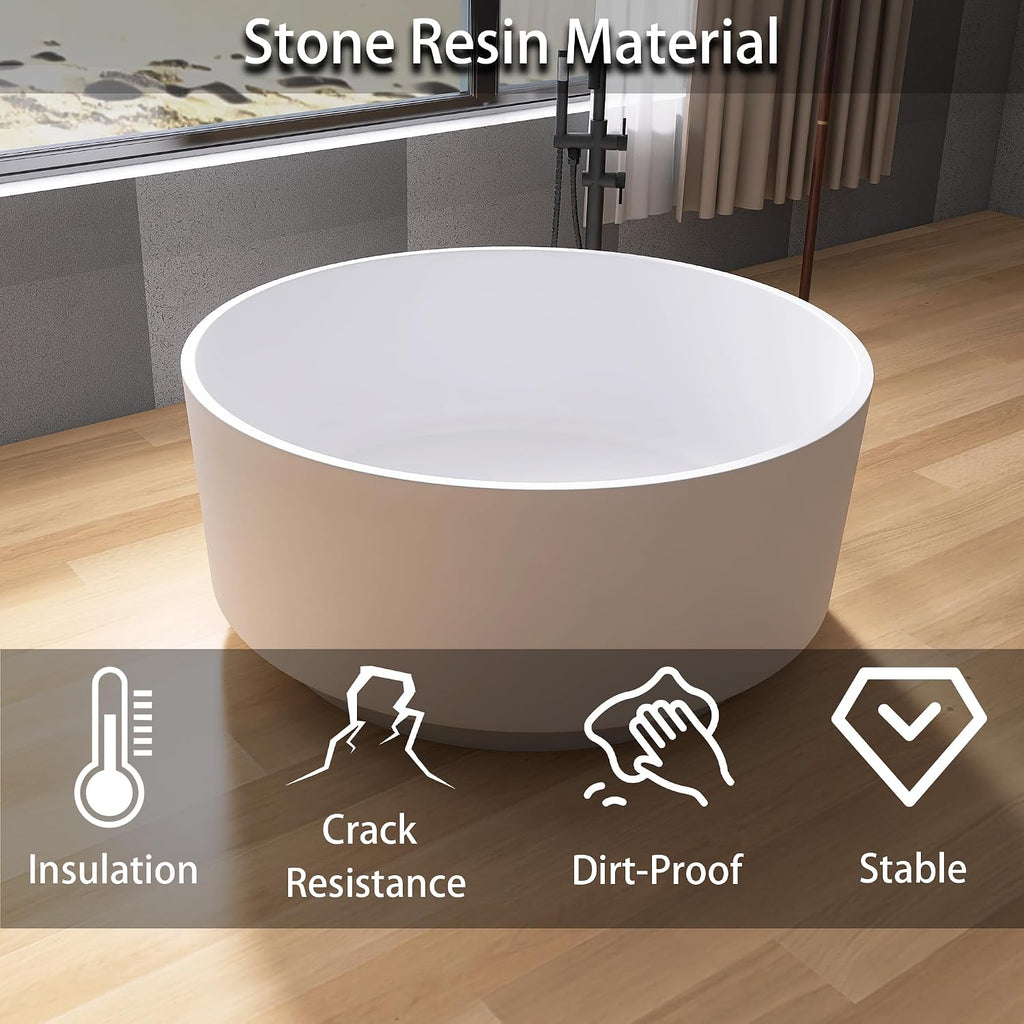 49' Freestanding Bathtub, Modern Soaking Stand Alone Tub Solid Surface Resin Stone Bathtub with Pop Up Drain and Overflow, Matte White 311MW1250