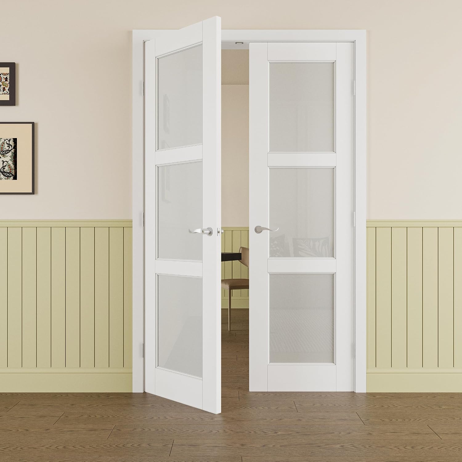 Prehung French Door 36' x 80' (2x18 in), Tempered Frosted Glass Door Slabs with Jamb, Silver Hinges, 4 Levers & Latch, Solid Core Interior Door, Pre-Finished & Paintable, MDF Double Doors Interior