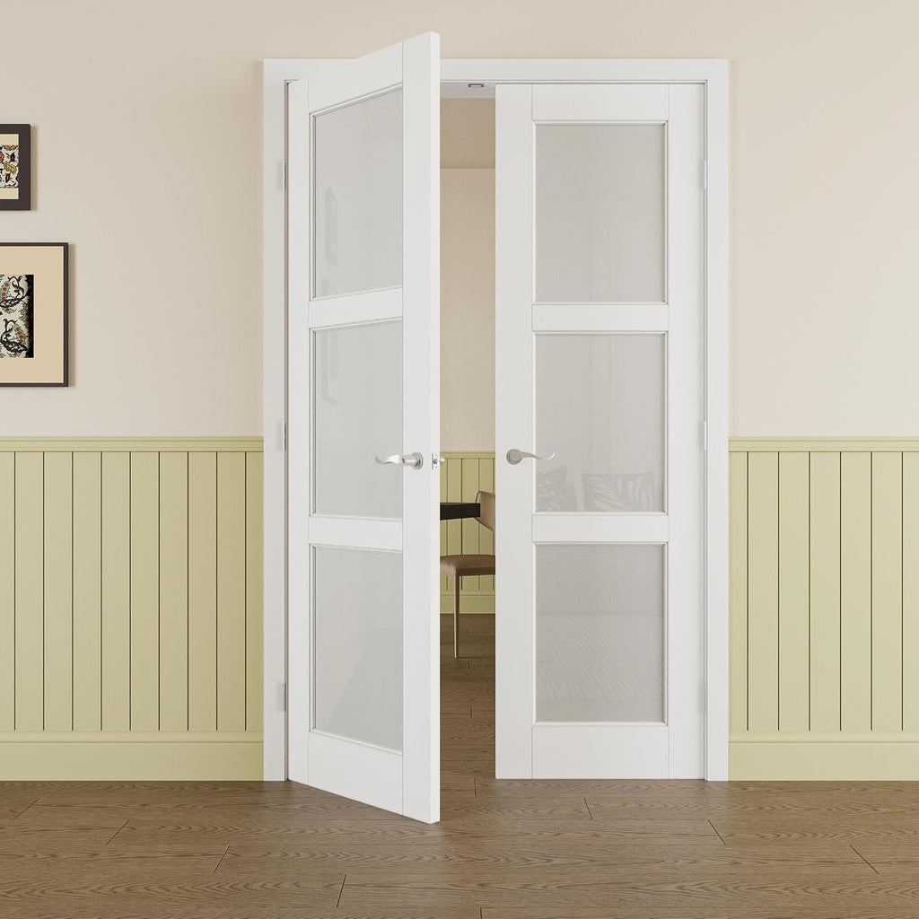 Prehung French Door 48' x 80' (2x24 in), Tempered Frosted Glass Door Slabs with Jamb, Silver Hinges, 4 Levers & Latch, Solid Core Interior Door, Pre-Finished & Paintable, MDF Double Doors Interior