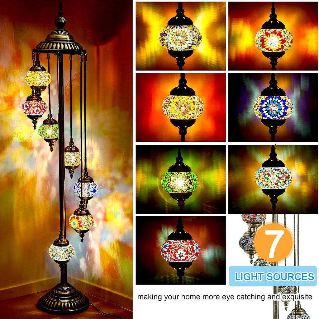 Hortsun Turkish Lamp Moroccan Floor Lamp Handmade Globe Living Floor Lighting Bohemia Standing Lighting for Decorative Home Designs(Floor,7 Globes Style)