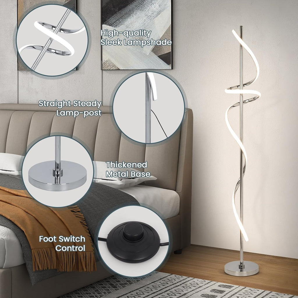 Modern Floor Lamp with Remote Control, Dimmable LED Floor Lamp for Living Room, 48W Spiral Floor Light with 3 Color Temperatures, Chrome Standing Tall Lamp for Bedroom Dining Rooms Home Offices
