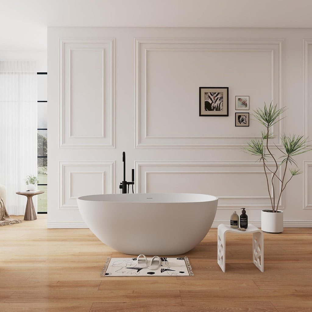 59' Solid Surface Freestanding Soaking Bathtub,Modern Oval Stone Resin Tubs with Overflow and Pop-up Drain, Matte White