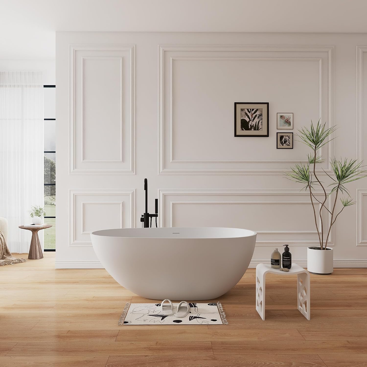 59' Solid Surface Freestanding Soaking Bathtub,Modern Oval Stone Resin Tubs with Overflow and Pop-up Drain, Matte White
