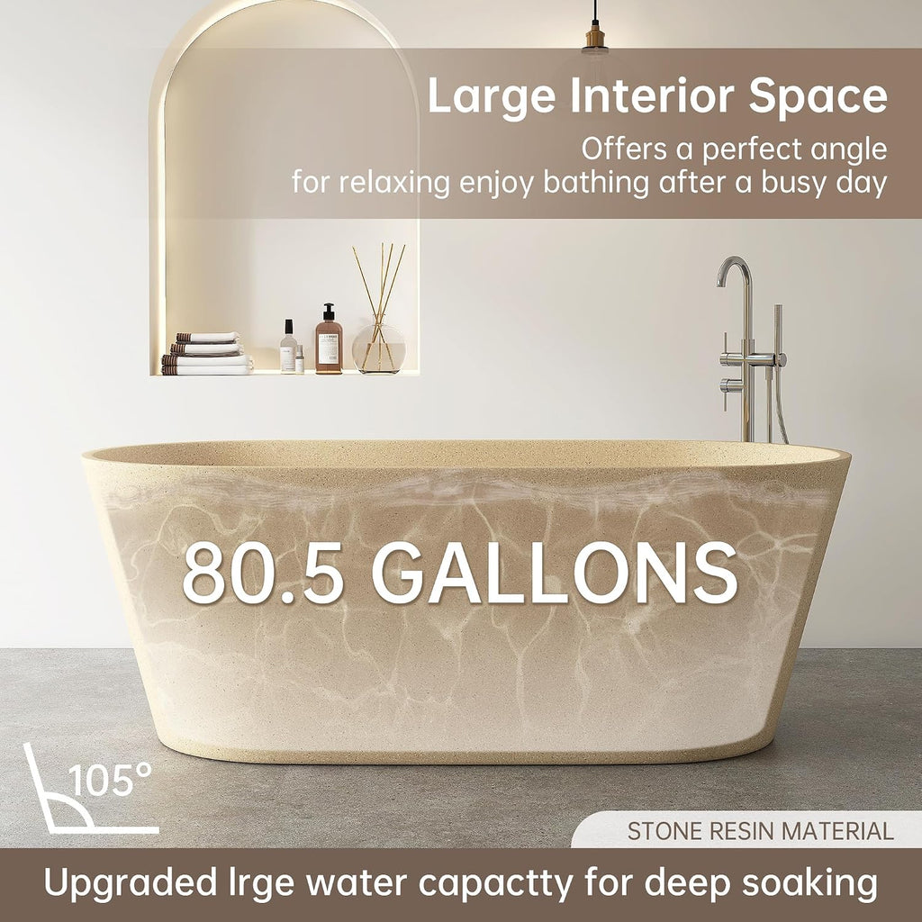 Terrazzo Free Standing Tub 59', Solid Surface Soaking Freestanding Bathtub, Stone Tub with Pop-up Drain