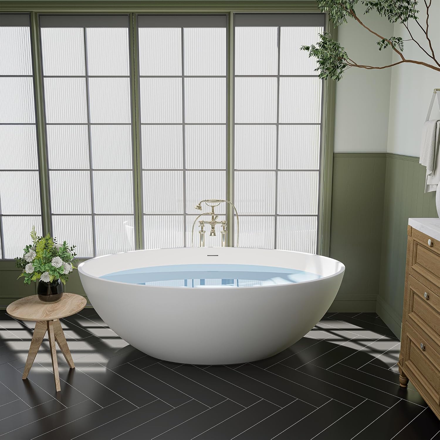 Cacciar 67' Solid Surface Freestanding Oval Soaking Bathtub in Matte White