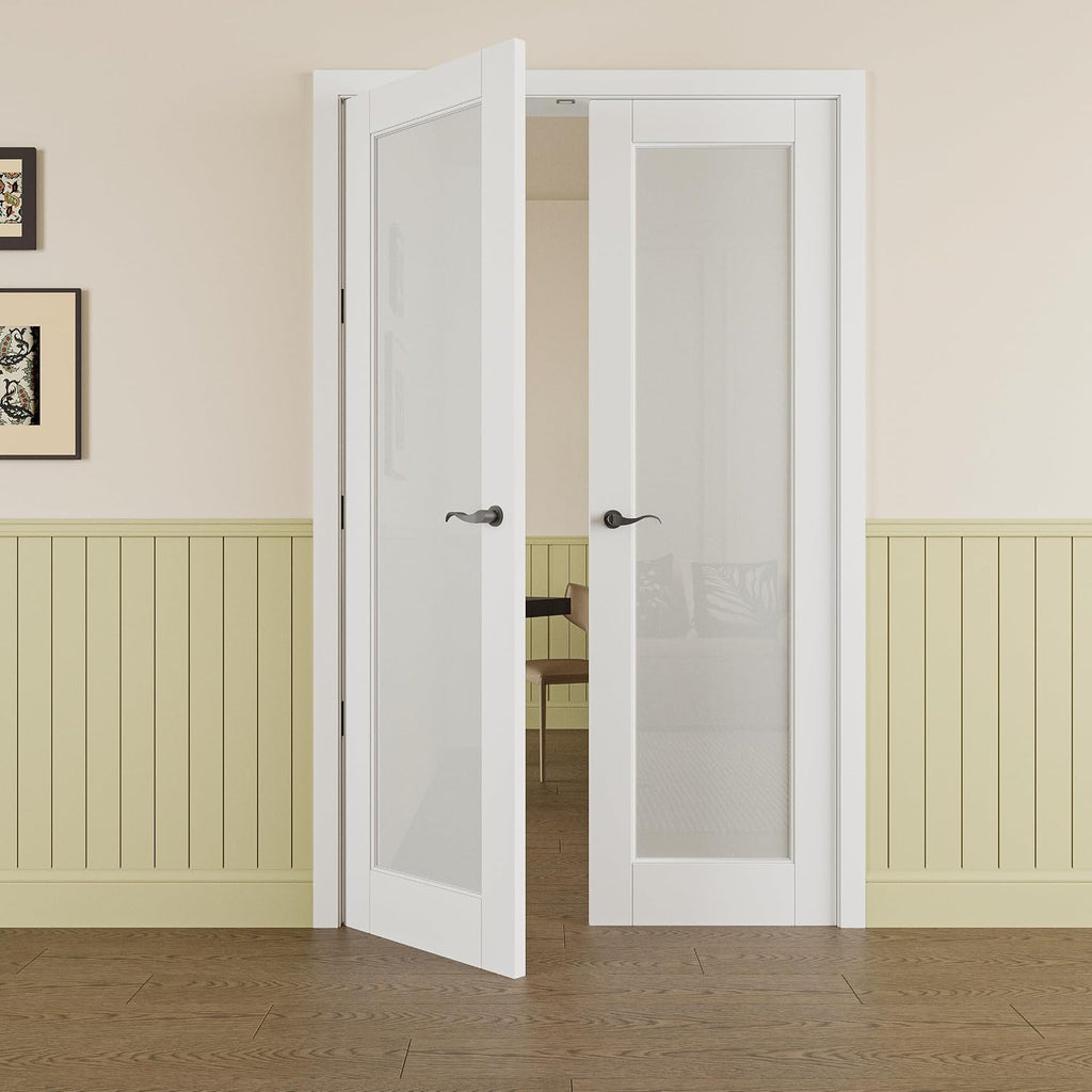 Prehung French Door 52' x 80' (2x26 in), Tempered Frosted Glass Door Slabs with Jamb, Black Hinges, 4 Levers & Latch, Solid Core Interior Door, Pre-Finished & Paintable, MDF Double Doors Interior