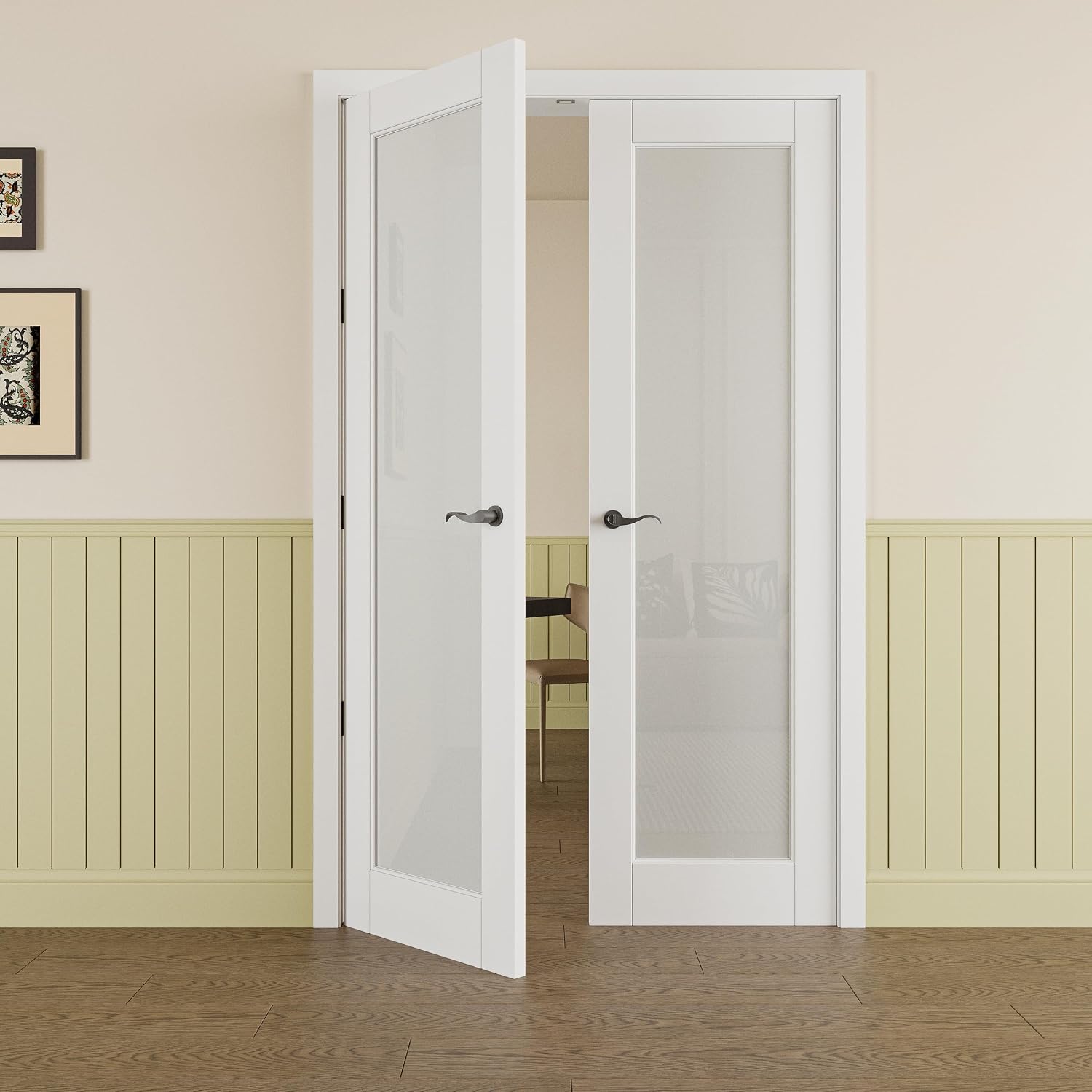 Prehung French Door 52' x 80' (2x26 in), Tempered Frosted Glass Door Slabs with Jamb, Black Hinges, 4 Levers & Latch, Solid Core Interior Door, Pre-Finished & Paintable, MDF Double Doors Interior