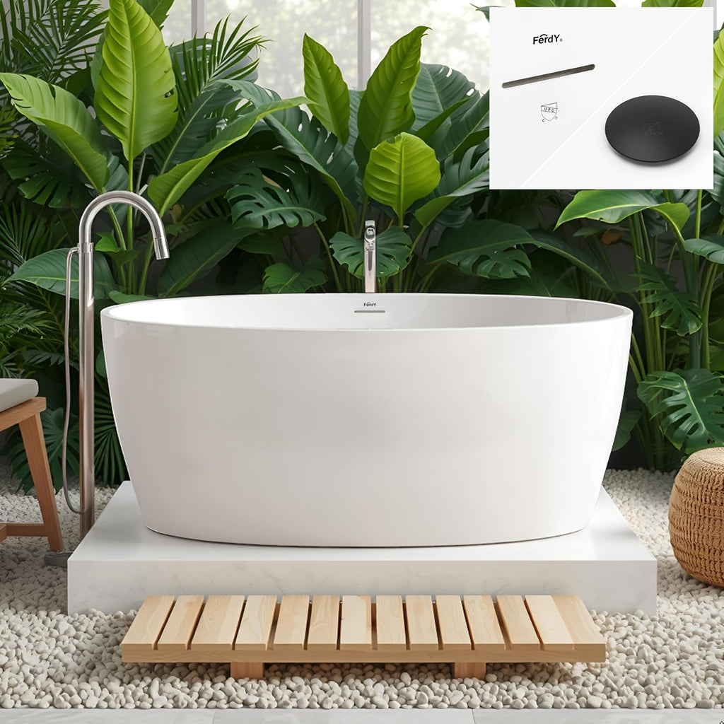 FerdY 59' Acrylic Freestanding Bathtub, Contemporary Soaking tub with Matte Black Drain & Overflow, Elegant Oval Shape, cUPC Certified, Tahiti